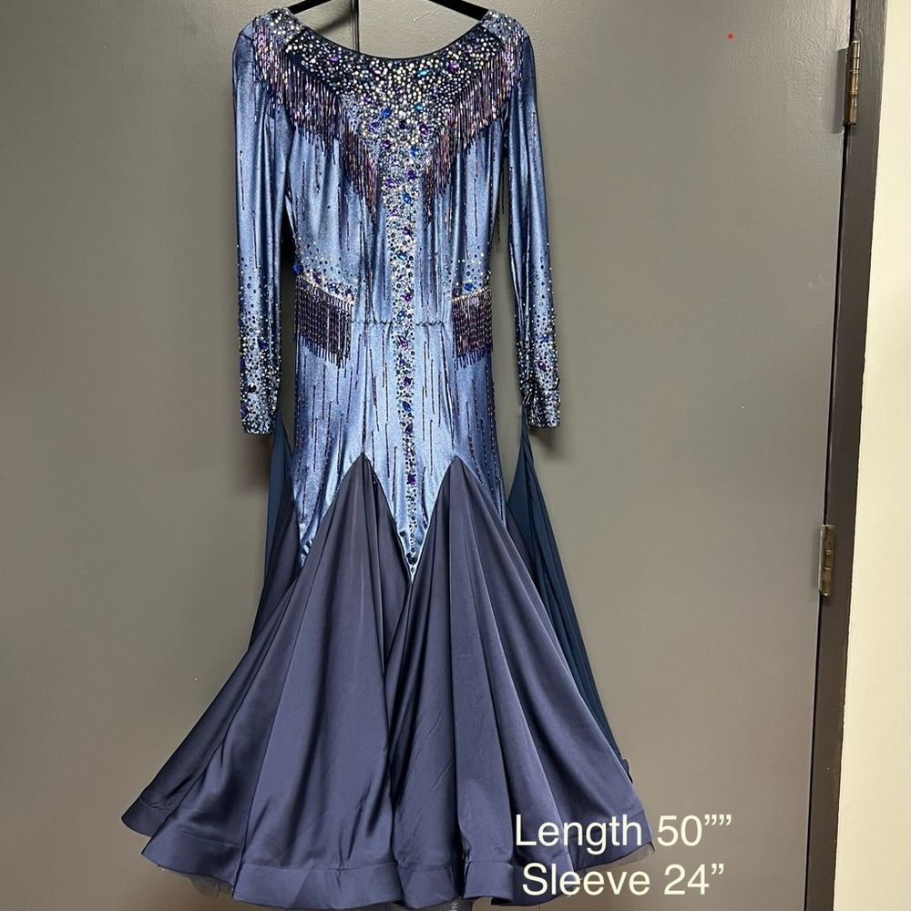 Elegant Blue Beaded Ballroom Standard Competition Dress for Juniors